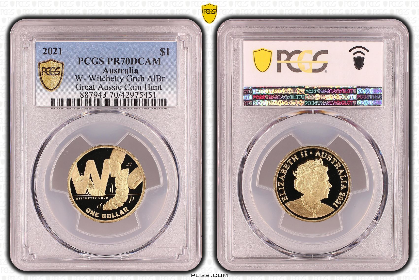 Elizabeth II, W- Witchetty Grub, Great Aussie Coin Hunt, One Dollar, PR70DCAM , 2021 PCGS POP - 2/0