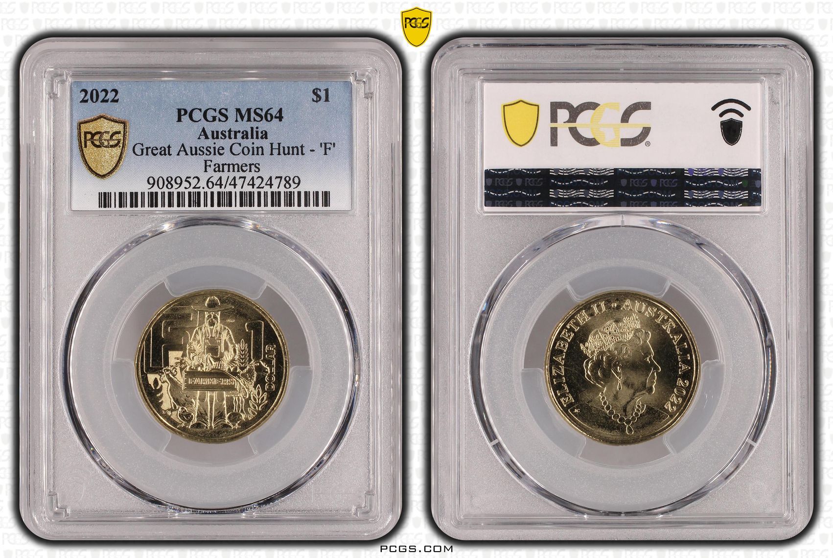 Great Aussie Coin Hunt - 'F', One Dollar, 2022, PCGS MS 64