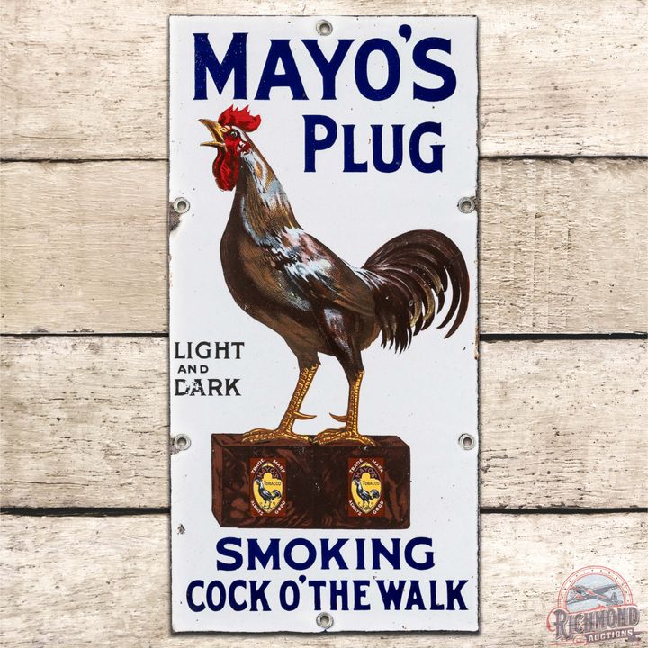 Mayo's Plug Smoking Tobacco "Cock O' The Walk" SS Porcelain Sign w/ Rooster