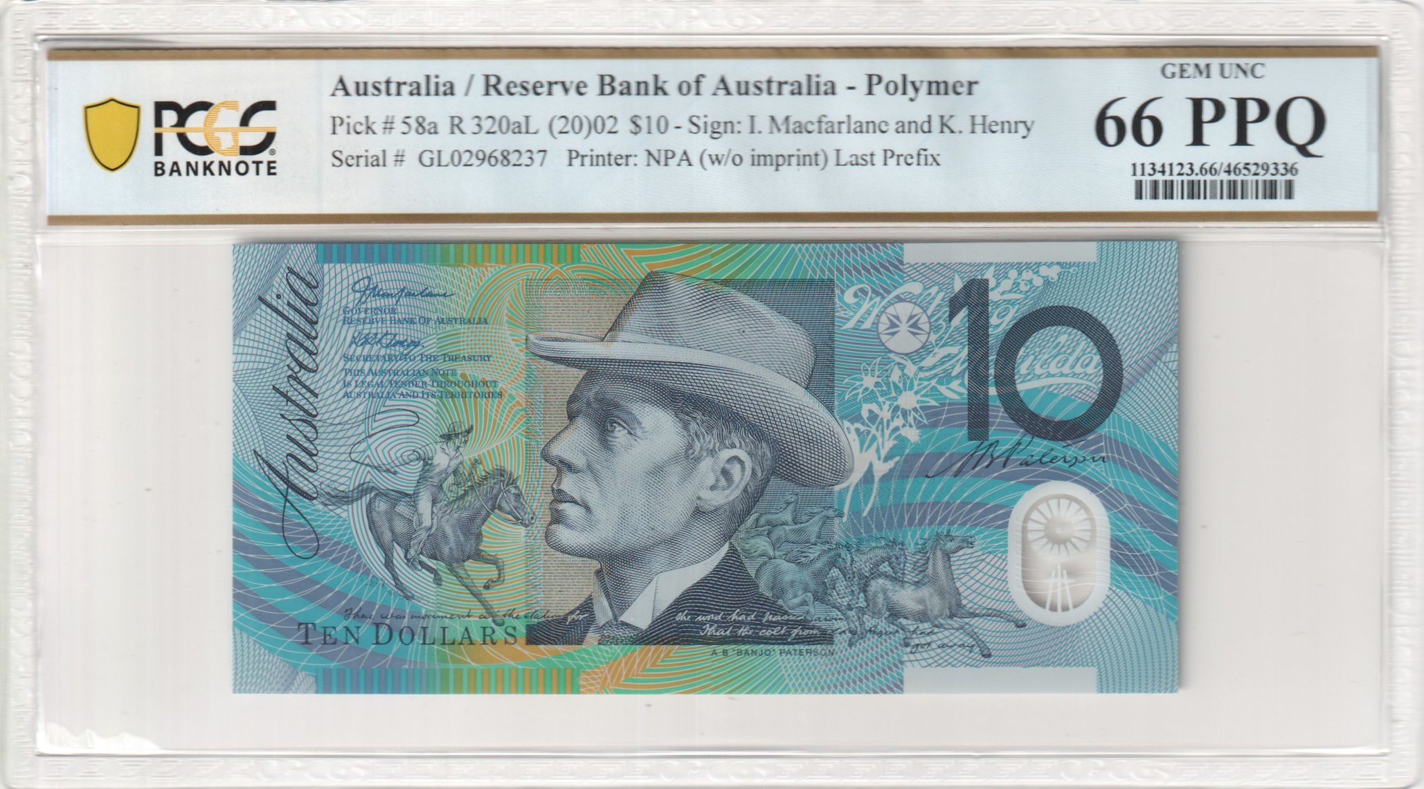 Macfarlane/Henry, Last Prefix, Ten Dollar, 2002, PCGS Gem UNC 66 PPQ