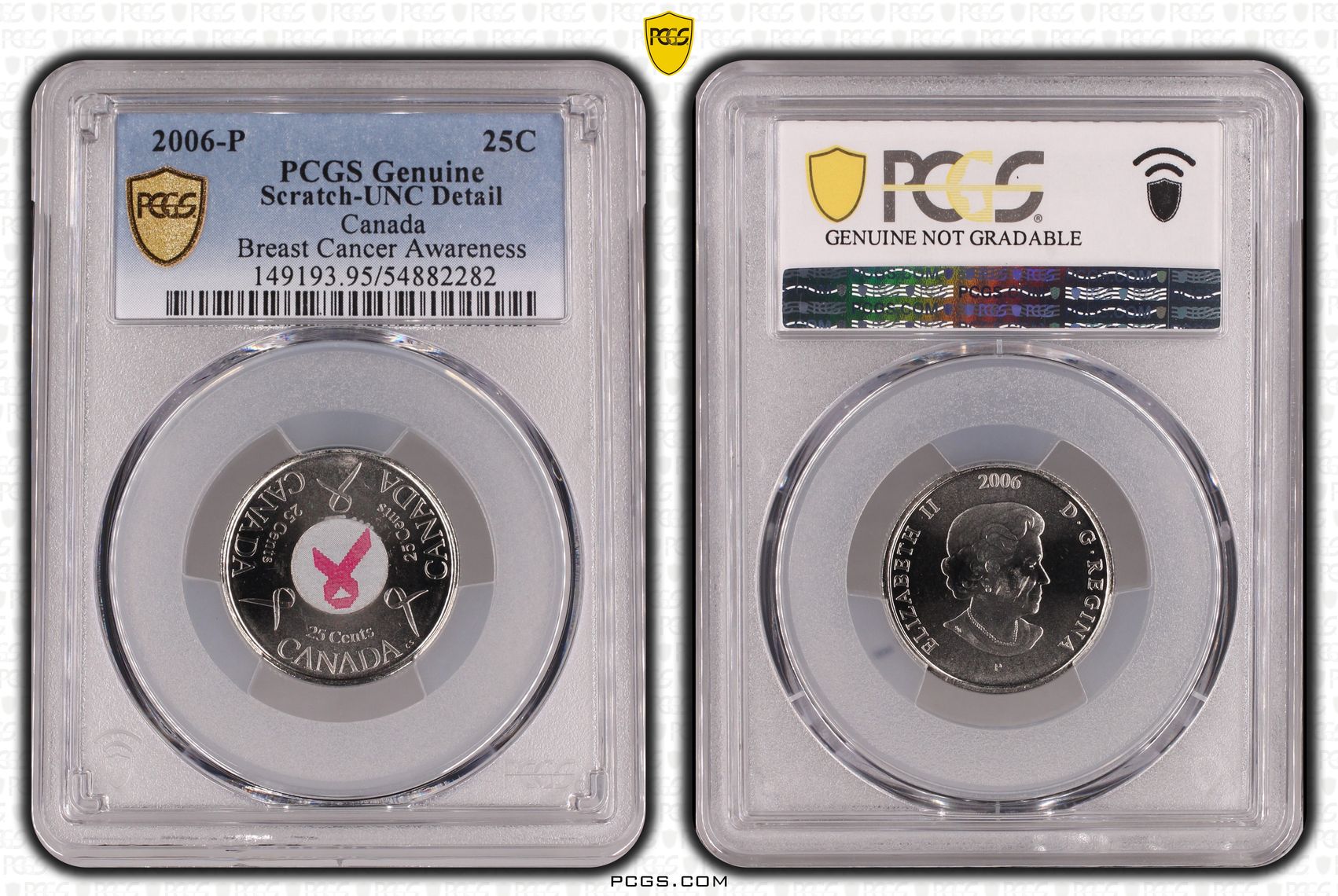 Canada, Breast Cancer Awareness Colorized, Twenty Five Cent, 2006-P, PCGS Genuine - UNC Details (95 - Scratch)