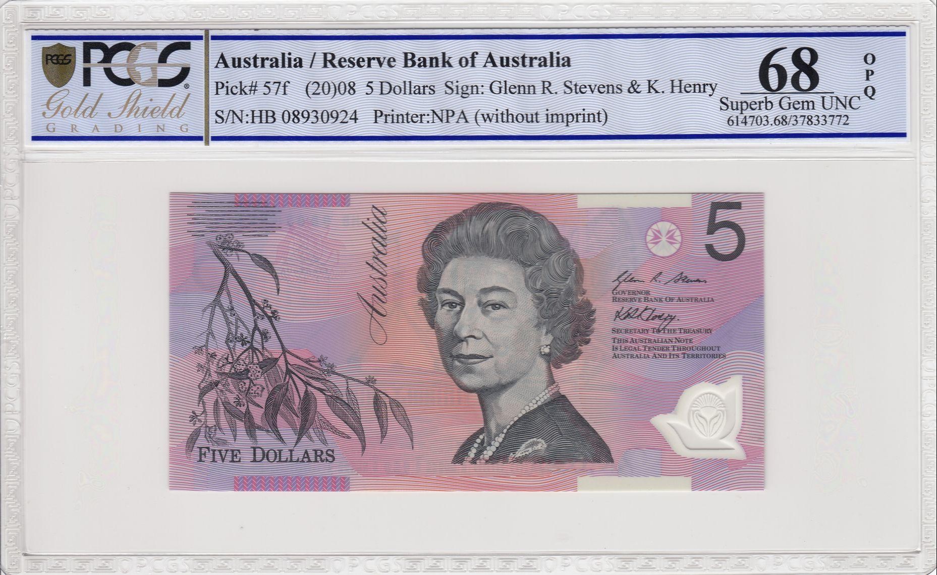 143 · RBA, Polymer, NPA (w/o imprint), Sign: G.R. Stevens & K. Henry, Five Dollar, 2008, PCGS - Superb Gem UNC 68 PPQ