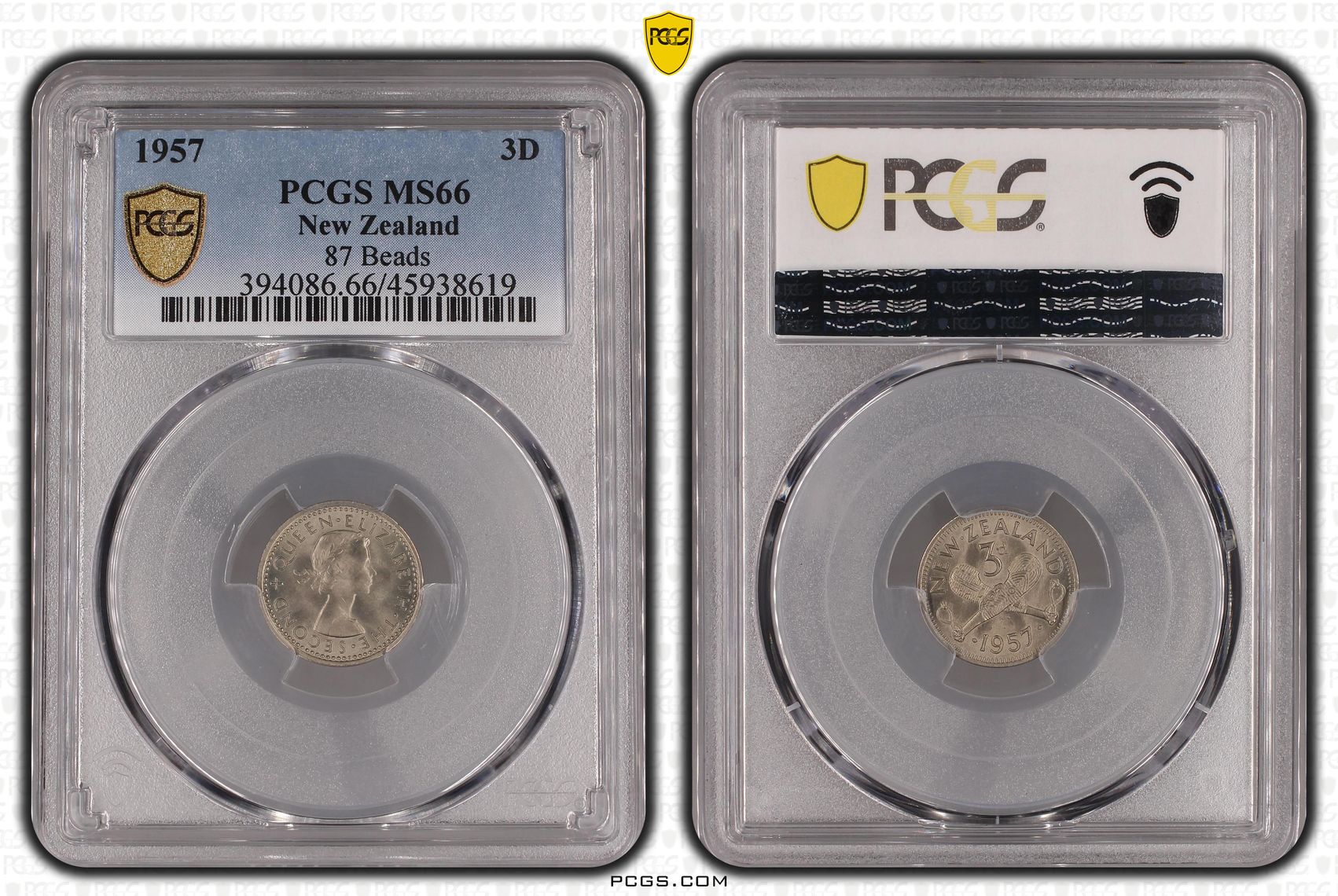 1957 New Zealand Threepence 87 Beads PCGS - MS66 -619