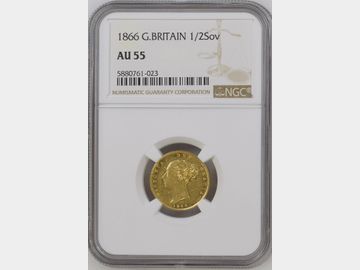 1866 VICTORIA YOUNG HEAD #DIE 36 GOLD HALF SOVEREIGN AU55 NGC