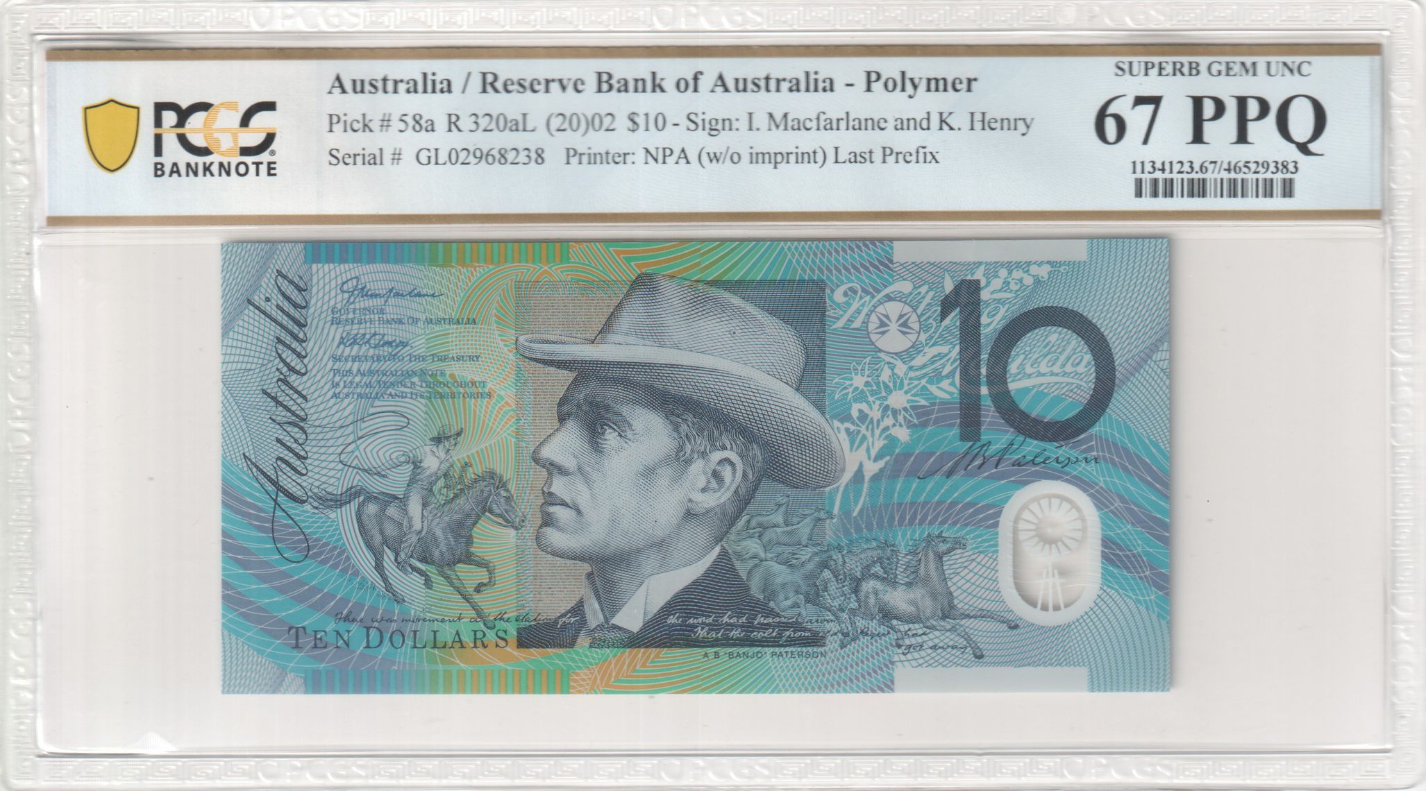 Macfarlane/Henry, Last Prefix, Ten Dollar, 2002, PCGS Superb Gem UNC 67 PPQ