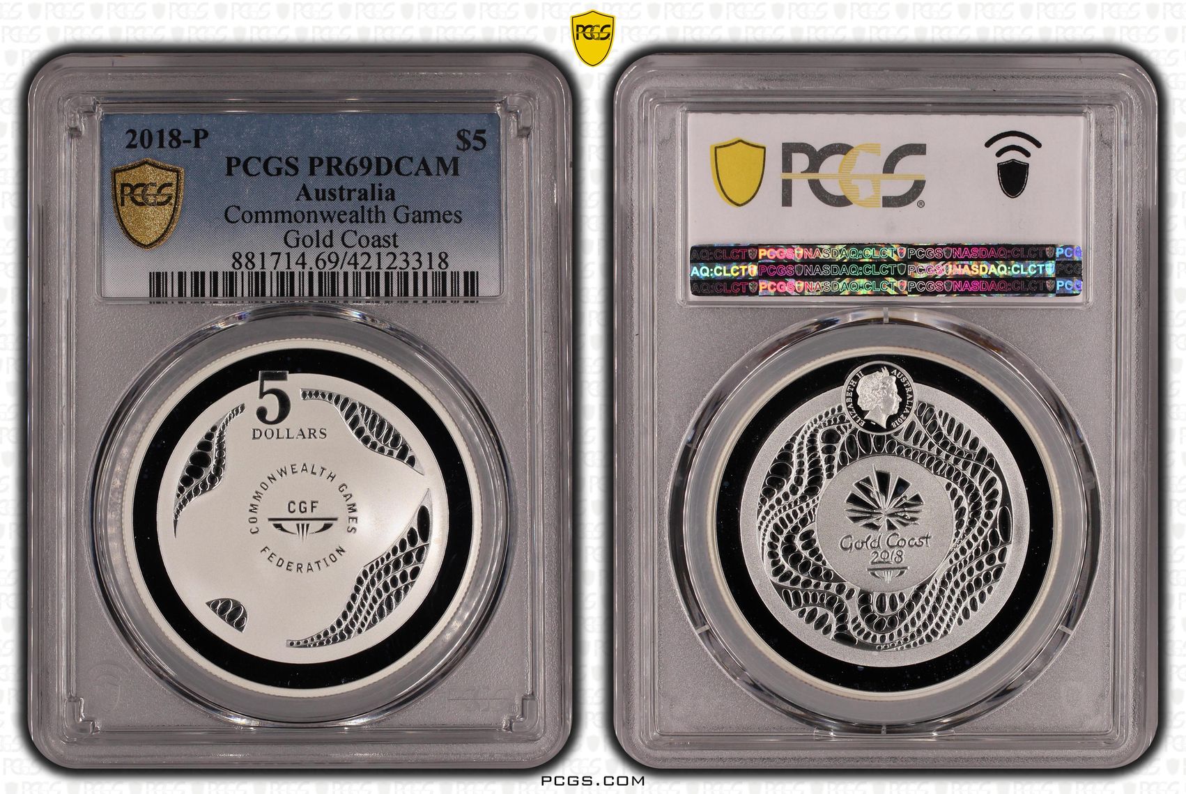 Commonwealth Games Gold Coast Ag, POP 5/0, Five Dollar, 2018, PCGS PR69DCAM