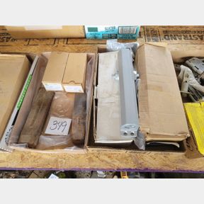 2 Boxes of new door closures, hinges and wedges