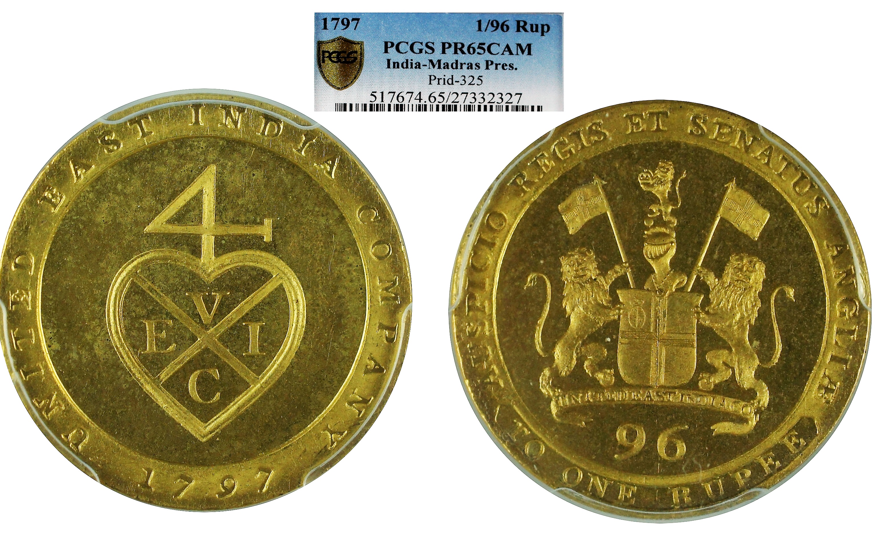 India Madras Presidency 1797 Proof Copper Gilt 1/96 Rupee PCGS PF65 Cameo - Rare