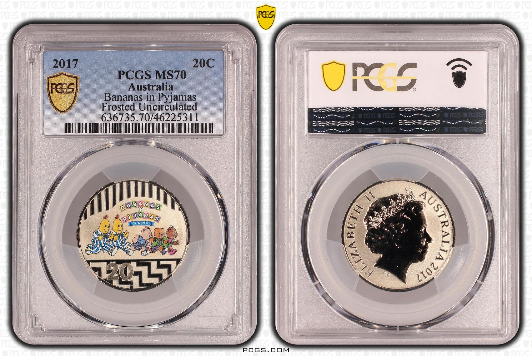 Elizabeth II, Bananas in Pyjamas Frosted Uncirculated, Twenty Cent, 2017, PCGS MS 70
