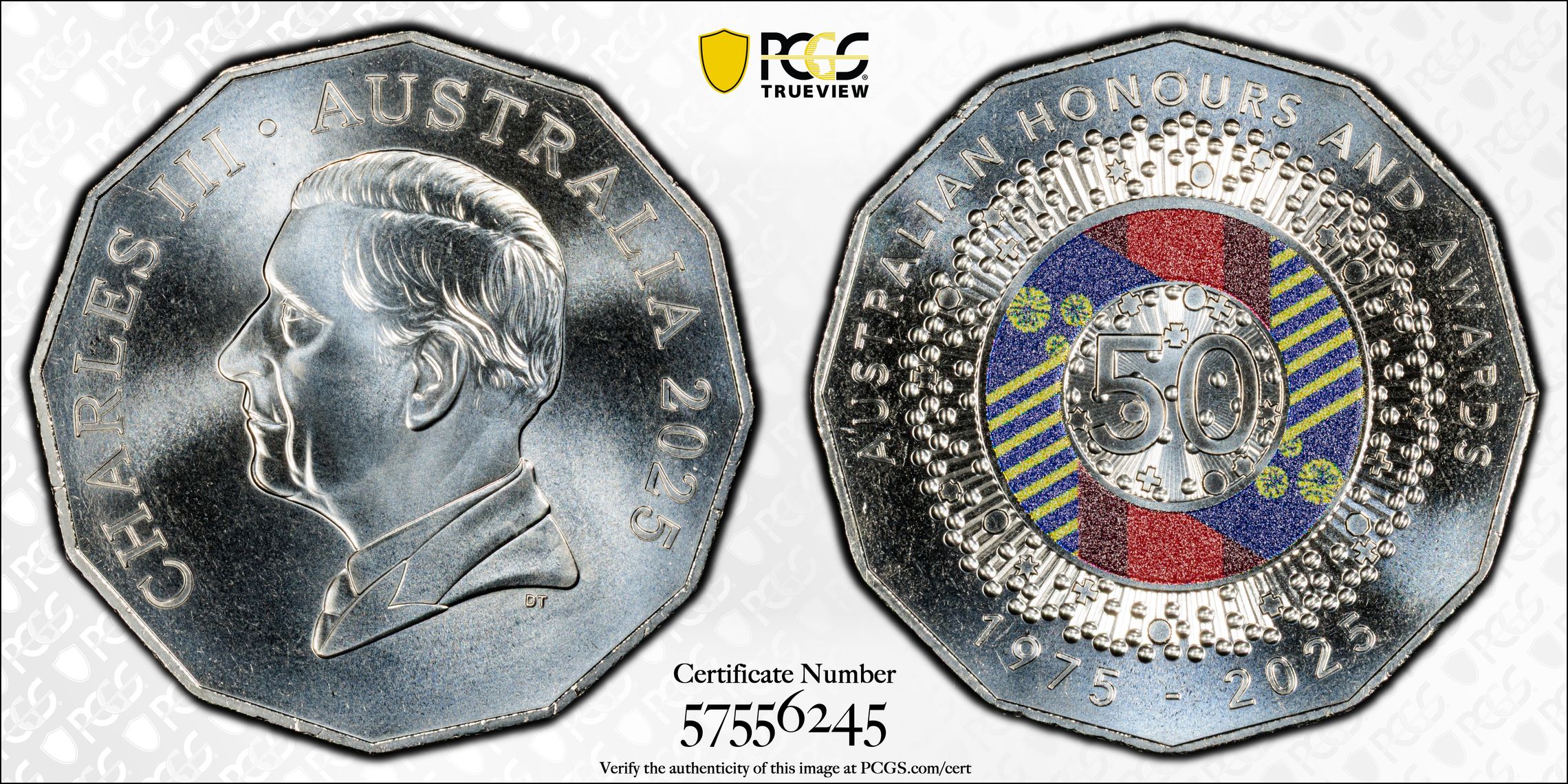 224 · Honours and Awards CuNi Colourised, Fifty Cent, 2025, PCGS MS69