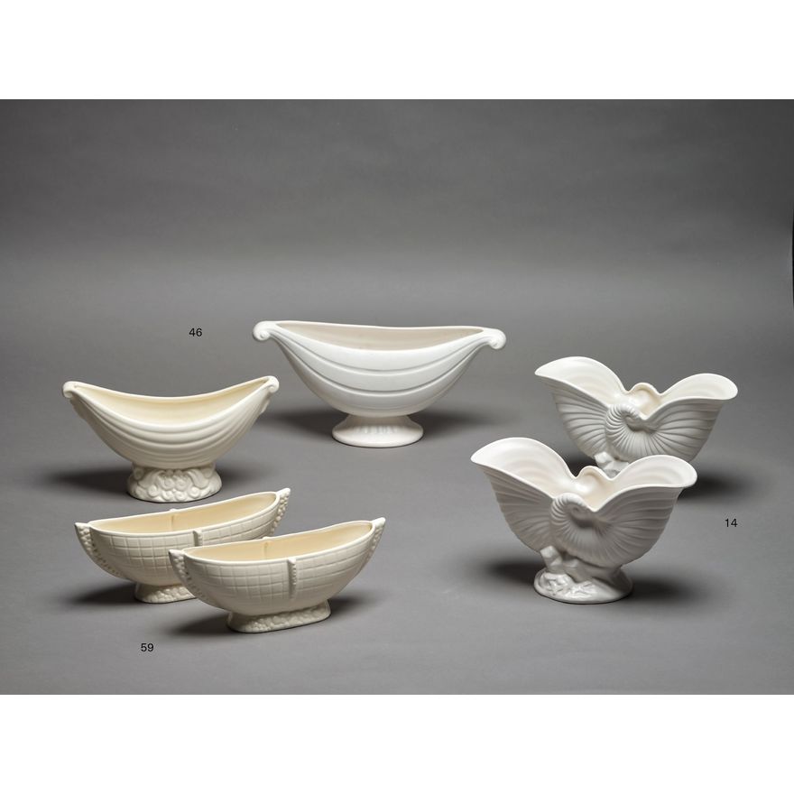 Crown Lynn Potteries, Pair of white boat-shaped vases