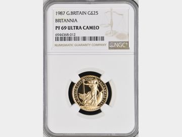 1987 ELIZABETH II BRITANNIA GOLD 1/4oz PROOF 25 POUND COIN PF69 UCAM