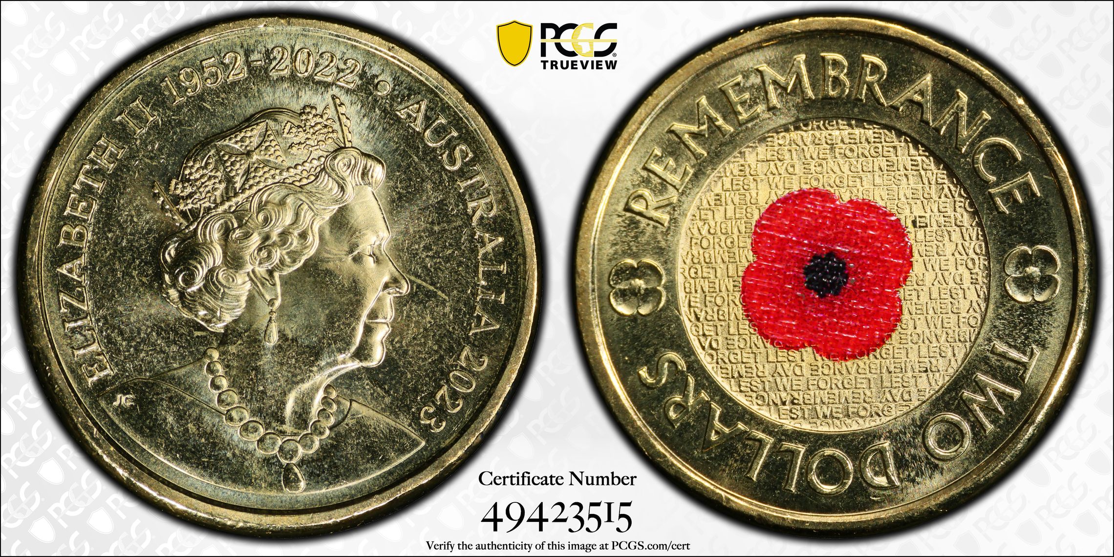Elizabeth II, 35th Ann $2 Coin Set Colorized Remembrance Red Poppy, Two Dollar, 2023, PCGS MS66