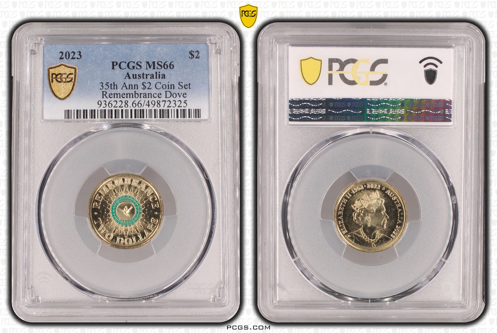 35th Ann $2 Coin Set Colorized Remembrance Dove, Two Dollar, 2023, PCGS MS66