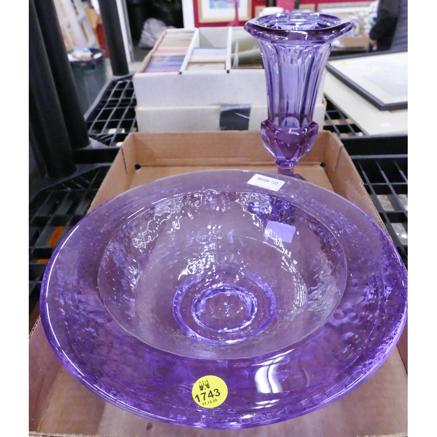 2pc Amethyst Glass Vase & Bowl- 8 to 10''