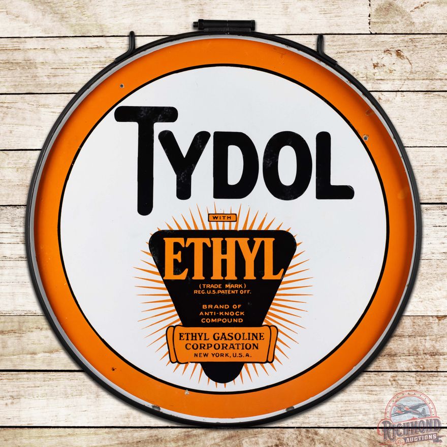 Tydol Ethyl Gasoline 30" Double Sided Porcelain Logo Sign w/ Ring