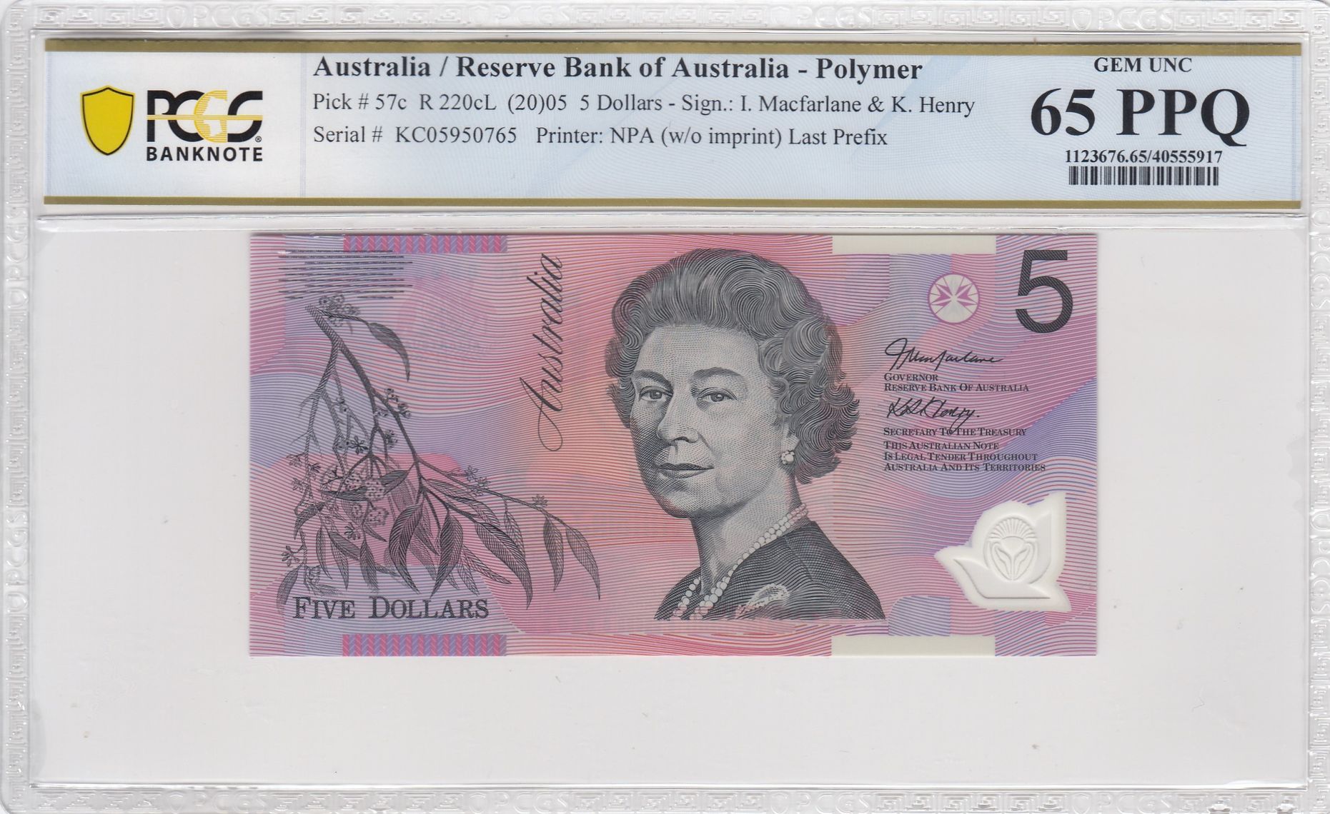 Macfarlane/Henry, Last Prefix, Five Dollar, 2005, PCGS Gem UNC 65 PPQ