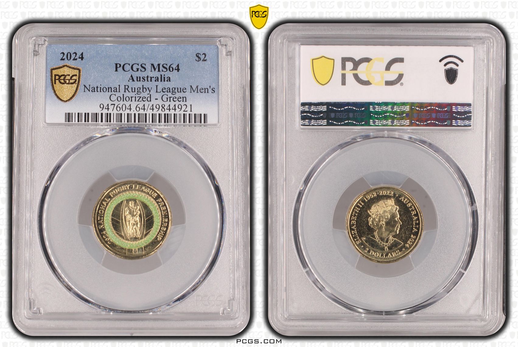 National Rugby League Men's Colorized - Green, Two Dollar, 2024, PCGS MS64