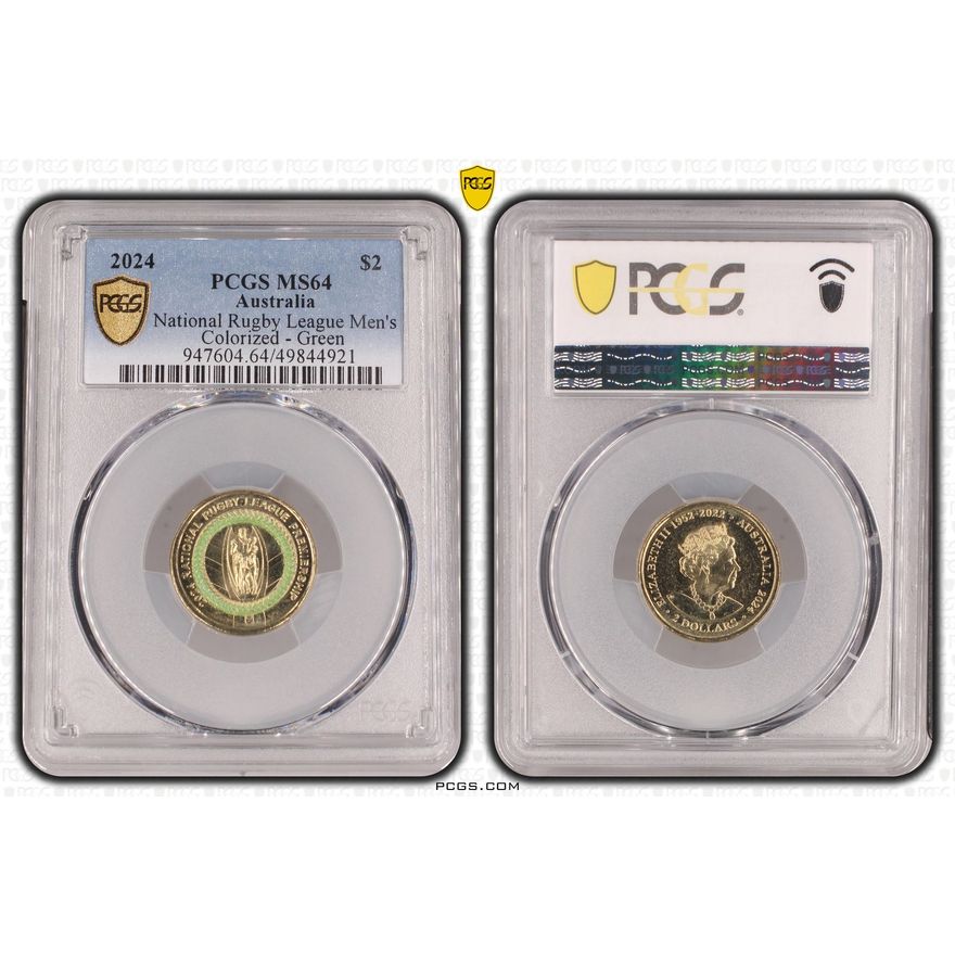 National Rugby League Men's Colorized - Green, Two Dollar, 2024, PCGS MS64
