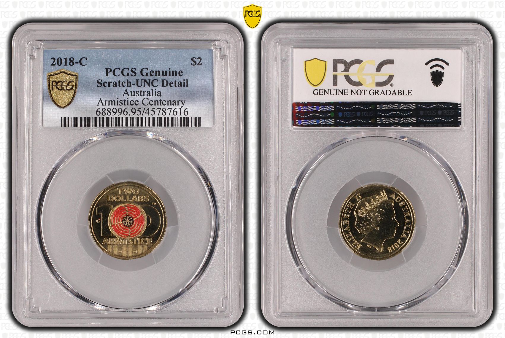 Elizabeth II, Armistice Centenary, Two Dollar, 2018-C, PCGS Genuine - UNC Details (95 - Scratch)