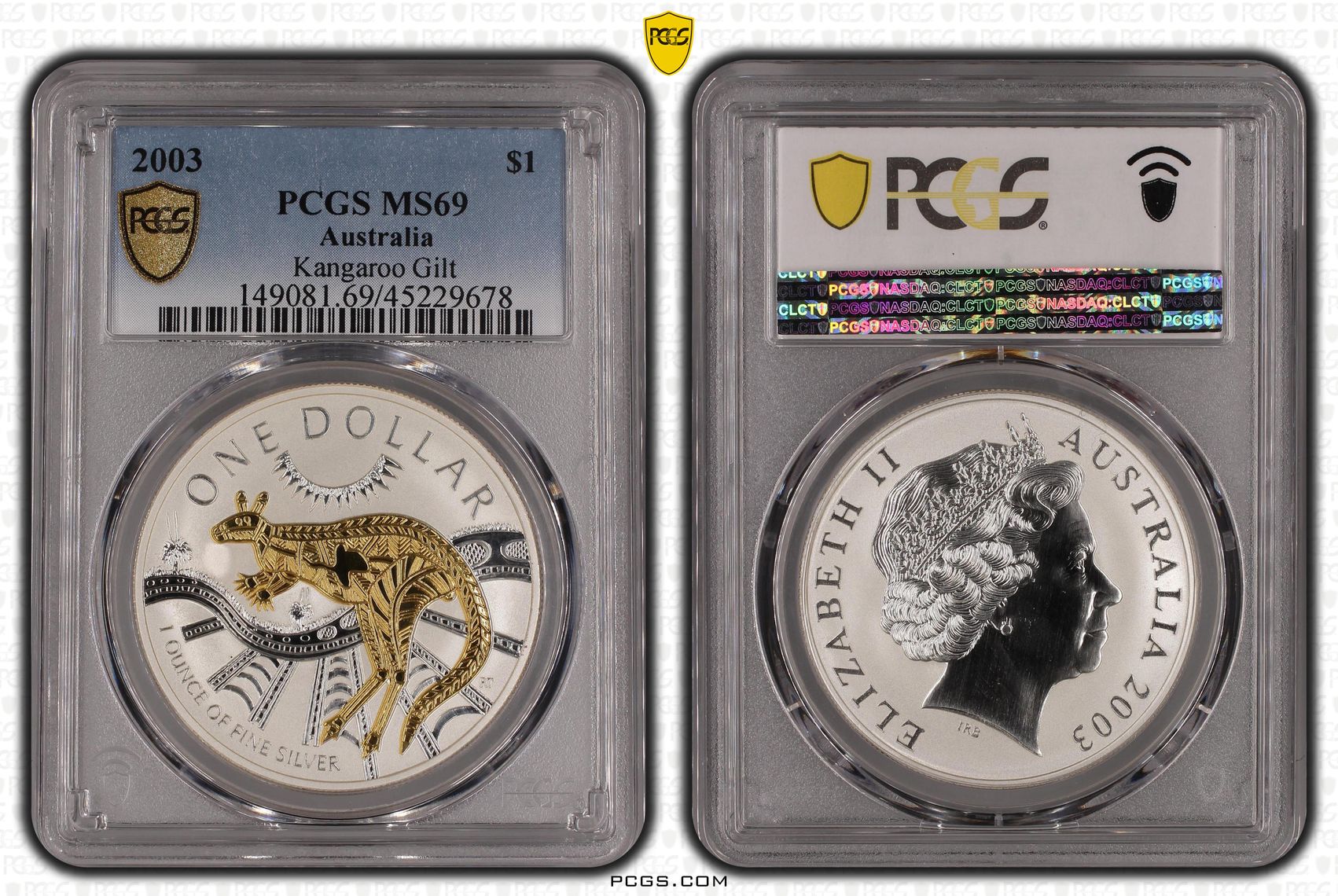Elizabeth II, Silver 1oz Kangaroo Gilt, One Dollar, 2003, PCGS MS 69