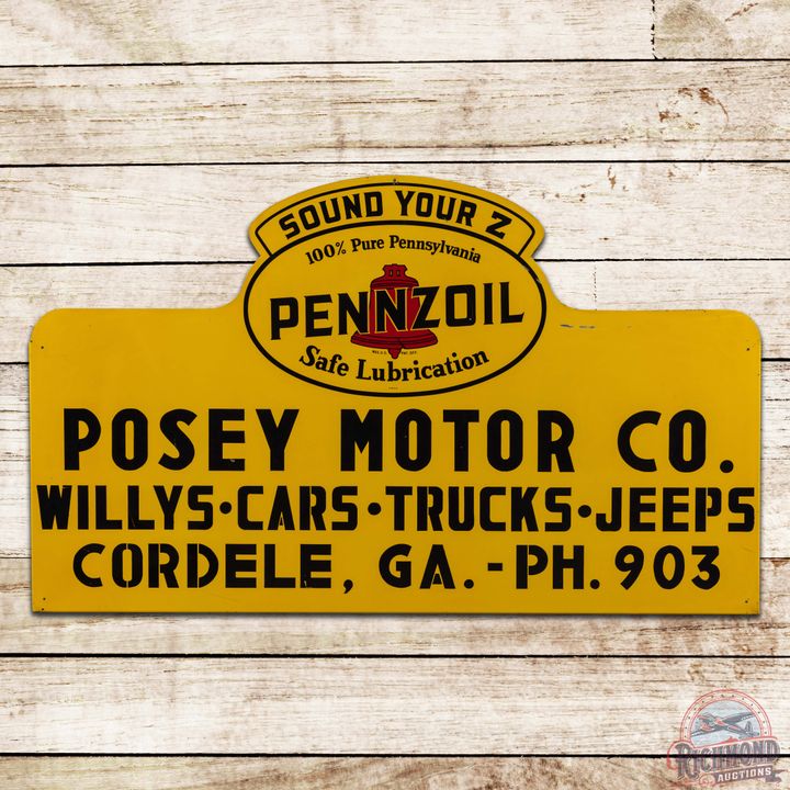 1950 Pennzoil Posey Motor Co. Willys Cars Trucks Jeeps Cordele Georgia Die Cut Single Sided Tin Sign
