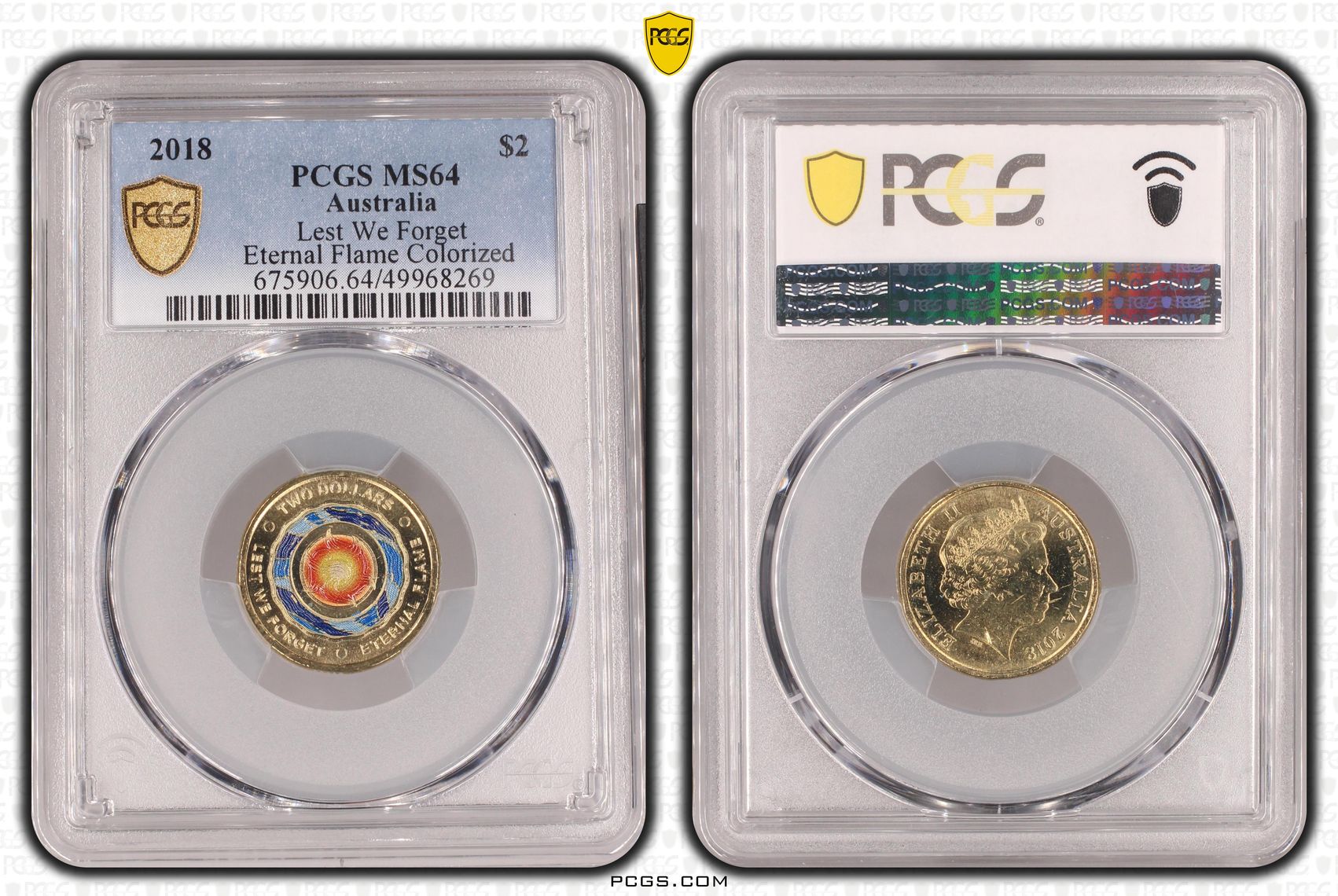 Lest We Forget Eternal Flame Colourised, Two Dollar, 2018, PCGS MS64