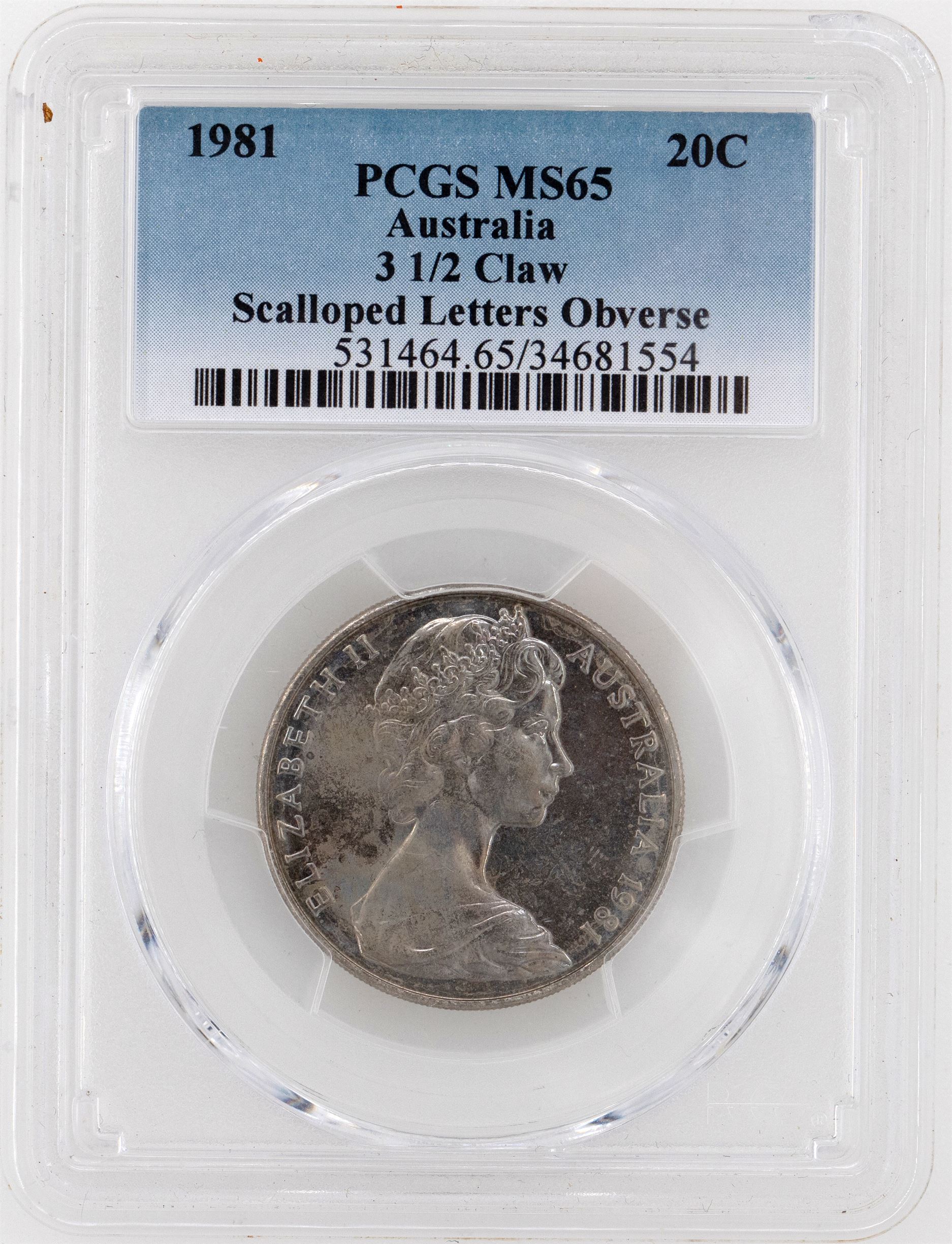 1981 Australia Twenty Cent, 20c 3 1/2 Claw, Scalloped Letters Obv PCGS - MS65 -554