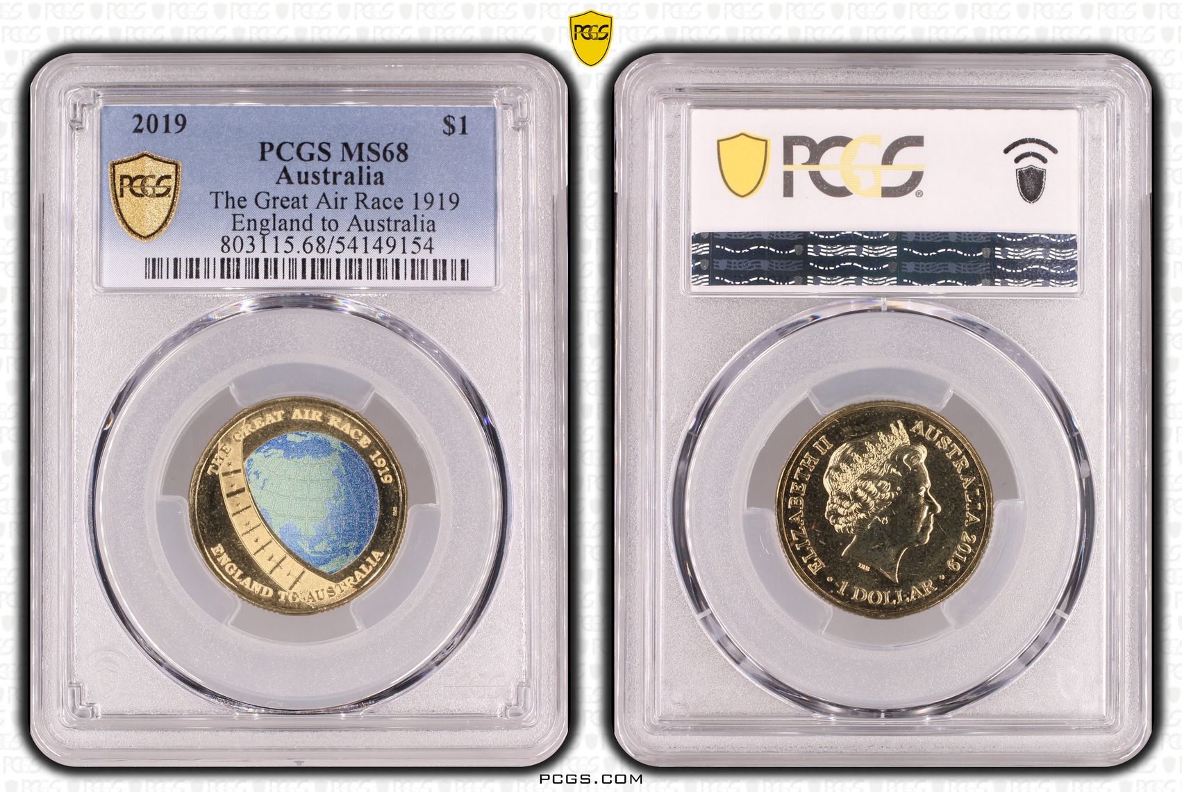 279 · The Great Air Race 1919 England to Australia, One Dollar, 2019, PCGS MS68