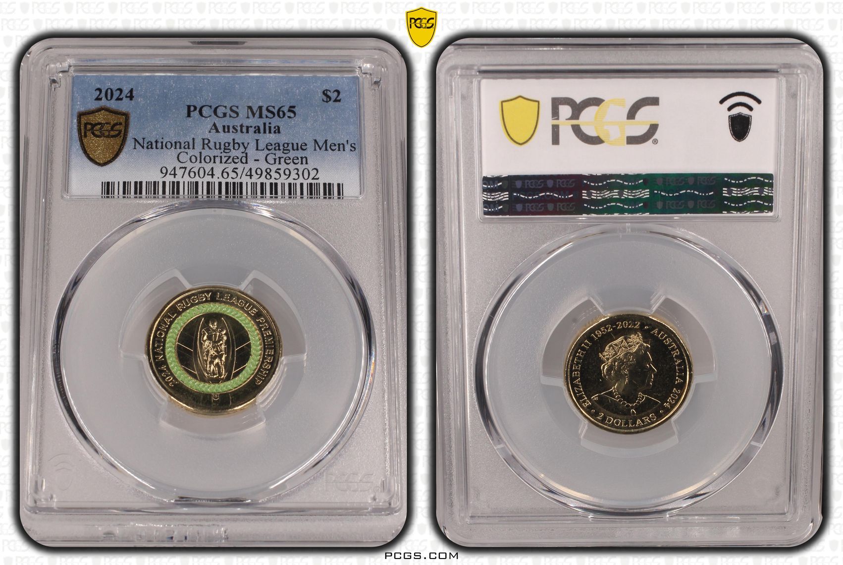National Rugby League Men's Colourised - Green, Two Dollar, 2024, MS65