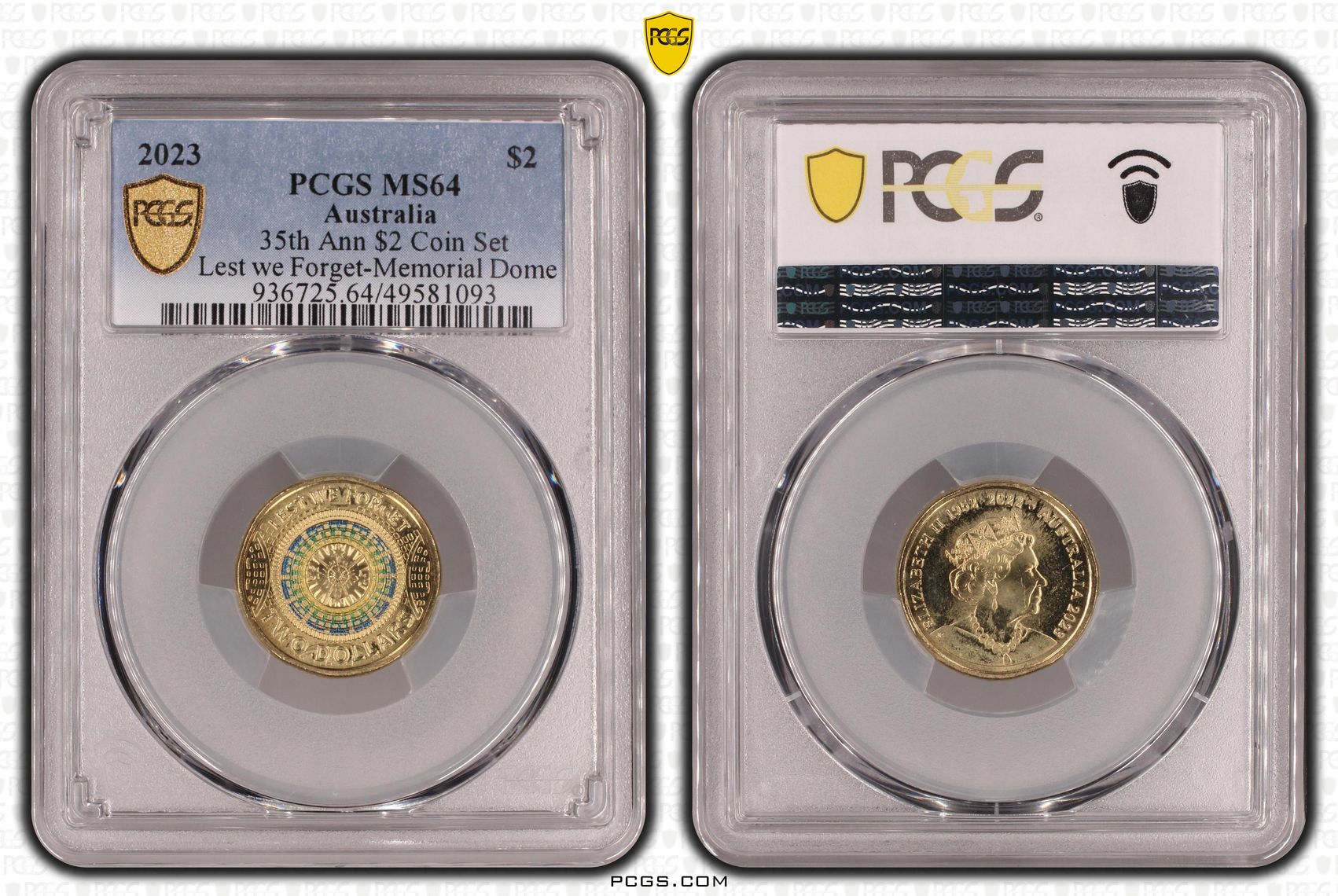 Elizabeth II, 35th Ann $2 Coin Set Colorized Lest we Forget-Memorial Dome , Two Dollar, 2023, PCGS MS64