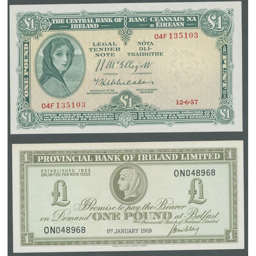 Ireland, [2 notes] £1, 1st January 1969, 12th June 1957, serial numbers ...