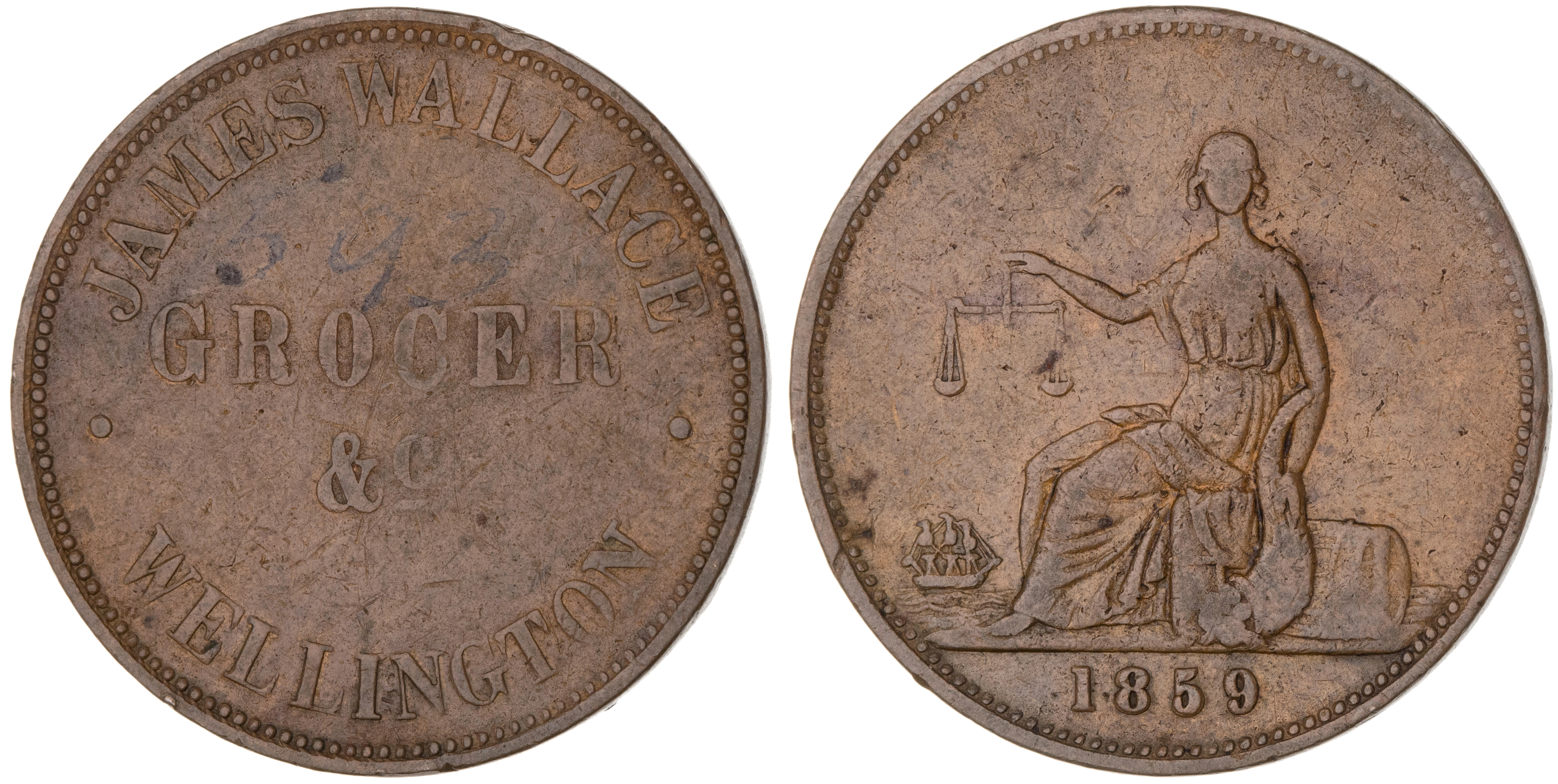 Wellington, New Zealand, James Wallace, Halfpenny, 1859, aVF