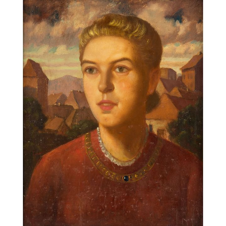 Tadeusz Marczewski | Portret kobiety na tle miasta, ok. 1940 r.