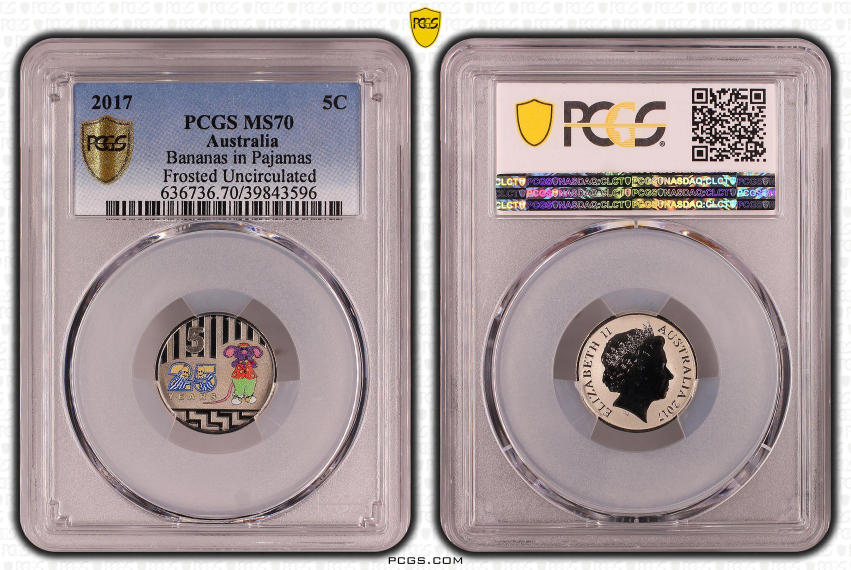 Bananas in Pyjamas Colorized Frosted Uncirculated, Five Cent, 2017, PCGS MS70