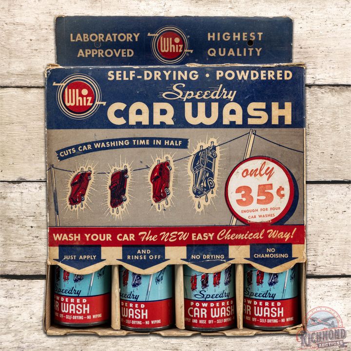 Whiz "Speedy" Car Wash Cardboard Display w/ 4 Metal Cans