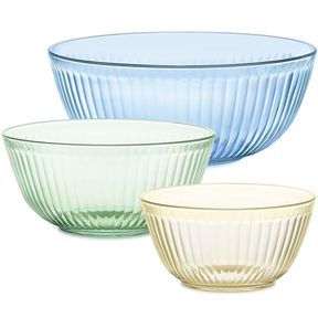 PYREX COLORS (3-PACK) SCULPTED TINTED UNLIDDED SMALL/MEDIUM/LARGE GLASS MIXING BOWLS, NESTING SPACE SAVING SET OF BOWLS FOR PREPPI