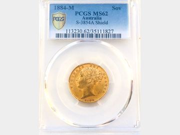 1884 Queen Victoria Young Head Melbourne Mint Shield Gold Sovereign PCGS MS62
