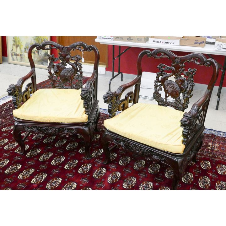Pair Chinese Carved Dragon Armchairs 34''x24''x21''