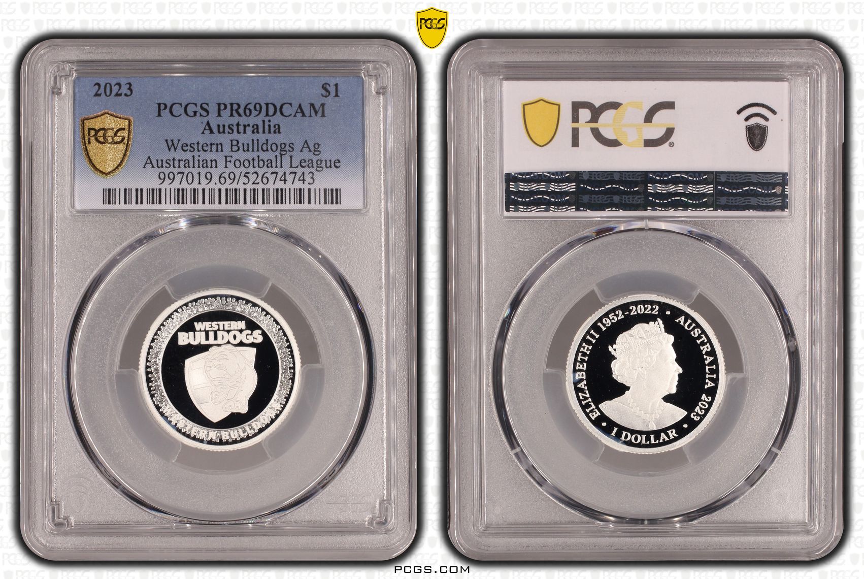 Western Bulldogs Silver Australian Football League, POP 1/0, One Dollar, 2023, PCGS PR69DCAM