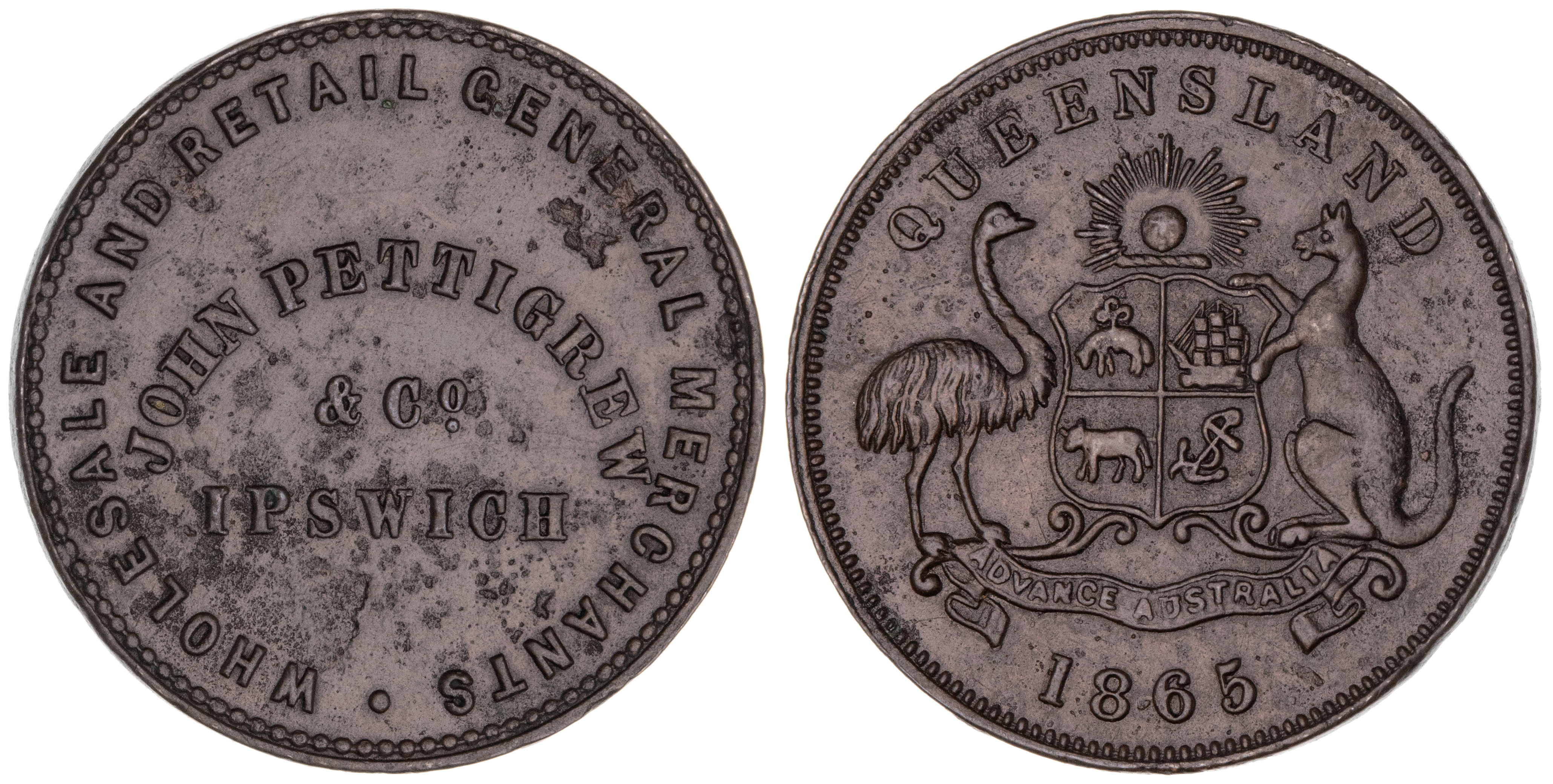 Ipswich, Queensland, John Pettigrew & Co., Halfpenny, 1865, gVF