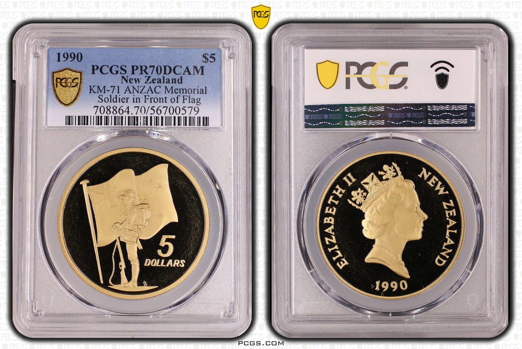 New Zealand , Elizabeth II, ANZAC Memorial KM-71 Soldier & Flag, 15/0, Five Dollar, 1990, PCGS PR70DCAM