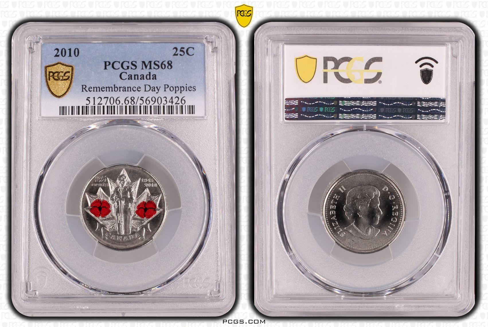 Canada, Remembrance Day Poppies, POP 19/0, Twenty Five Cent, 2010, PCGS MS68