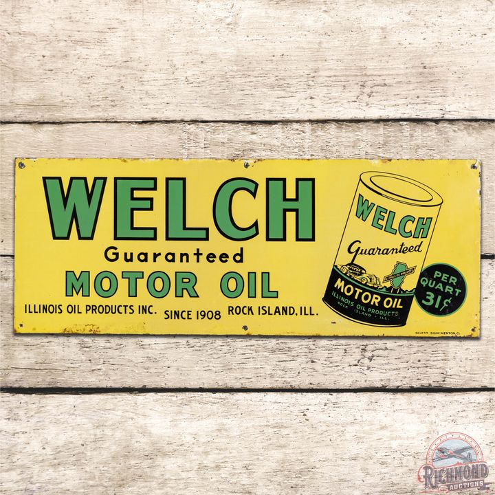 Welch Guaranteed Motor Oil SST Sign w/ Quart Oil Can Rock Island Illinois