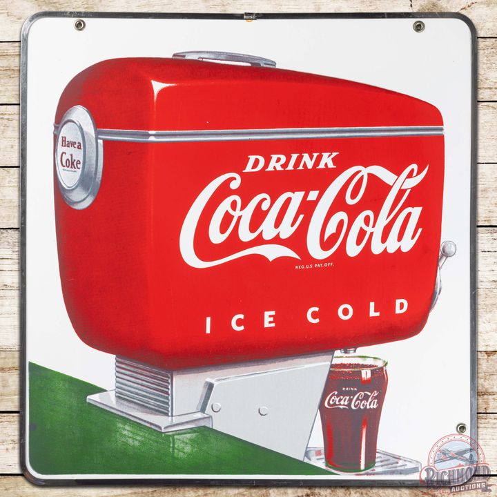 Drink Coca Cola Ice Cold DS Porcelain Sign w/ Motor Boat Dispenser & Glass