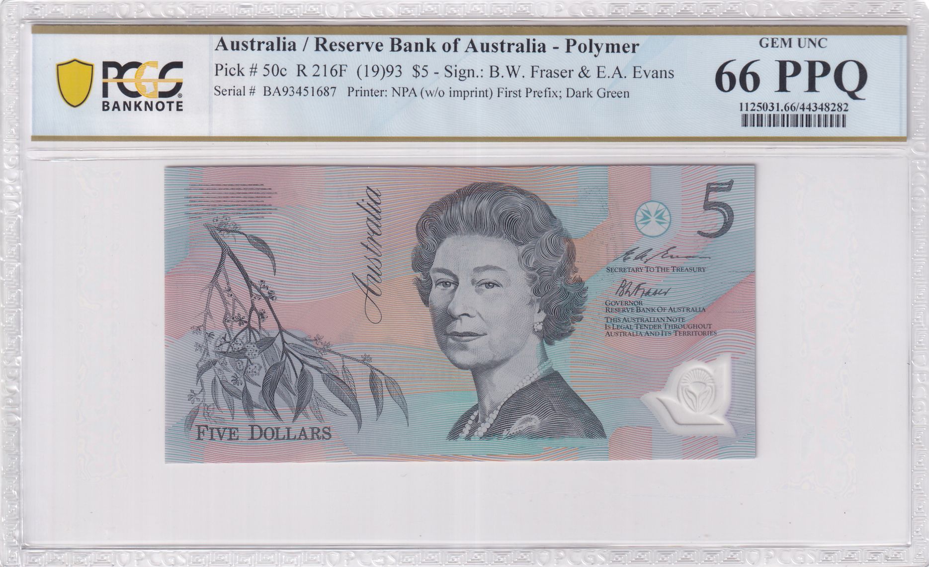 1993 $5 Fraser/Evans Gem Unc 66 PPQ First Prefix