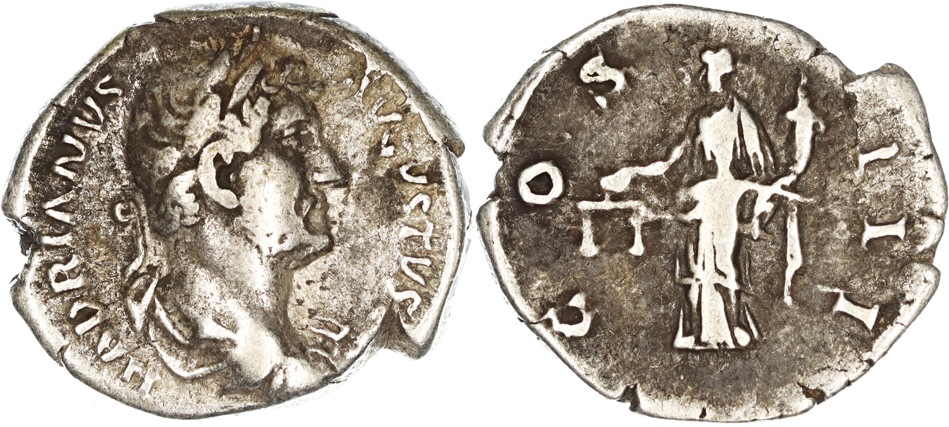 Roman Empire, Hadrian, Silver Denarius, 128 AD, gF-nVF