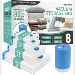 8 COMBO-E VACUUM STORAGE BAGS WITH ELECTRIC PUMP, 8 PACK (2 JUMBO/2 LARGE/2 MEDIUM/2 SMALL) VACUUM SEAL SPACE SAVER BAGS FOR CLOTH