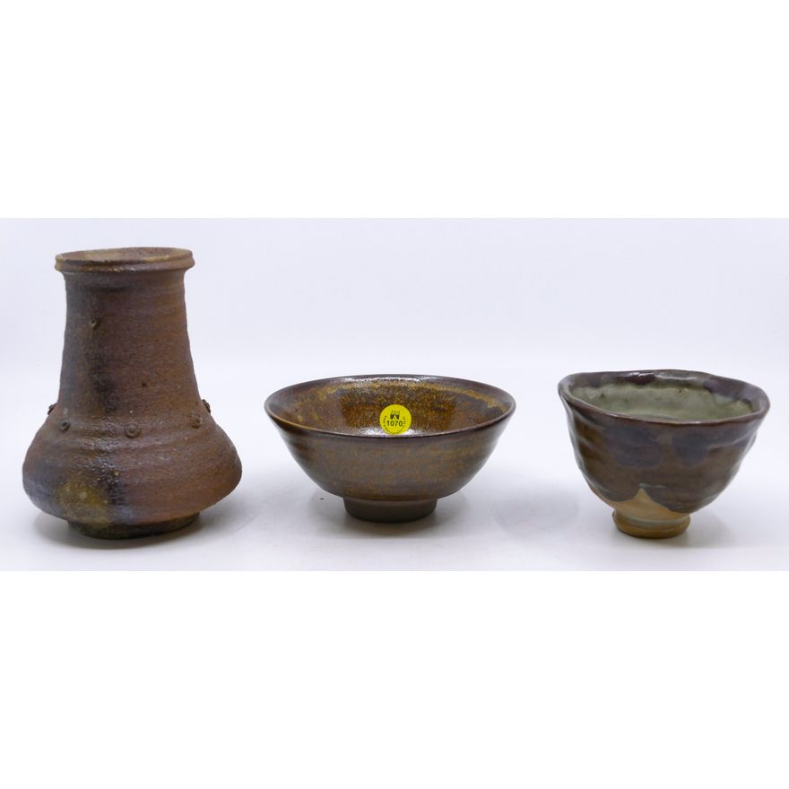 3pc Japanese Mingei Bizen Vase & Chawan Pottery Tea Bowls