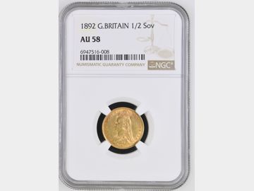 1892 VICTORIA JUBILEE HEAD GOLD HALF SOVEREIGN AU58